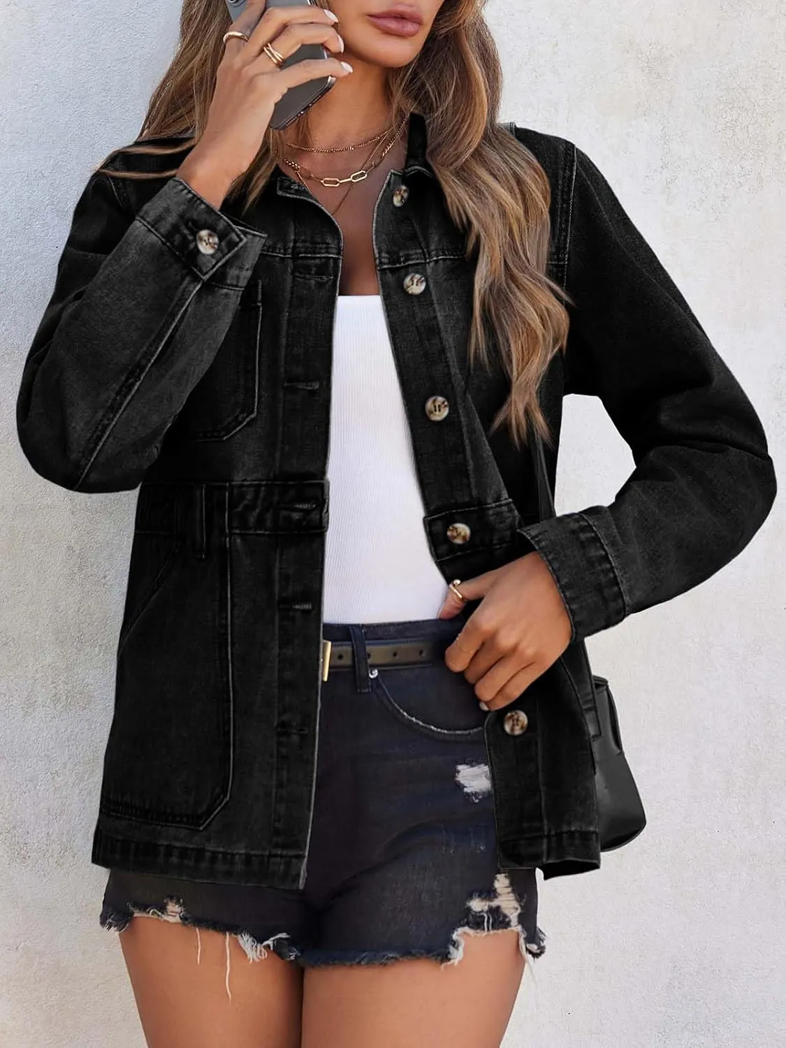 Tankaneo Womens Oversized Denim Jacket Distressed Button Down Boyfriend Jean Jackets 2025 Trendy Shacket