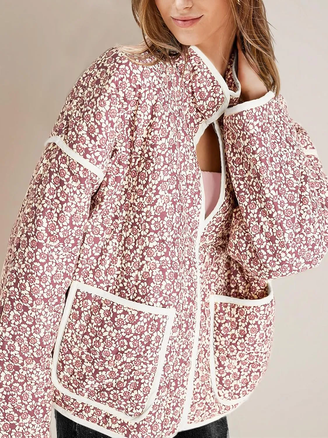 Tankaneo Womens Quilted Lightweight Jackets Floral Print Winter Coats Open Front Cardigan with Pockets