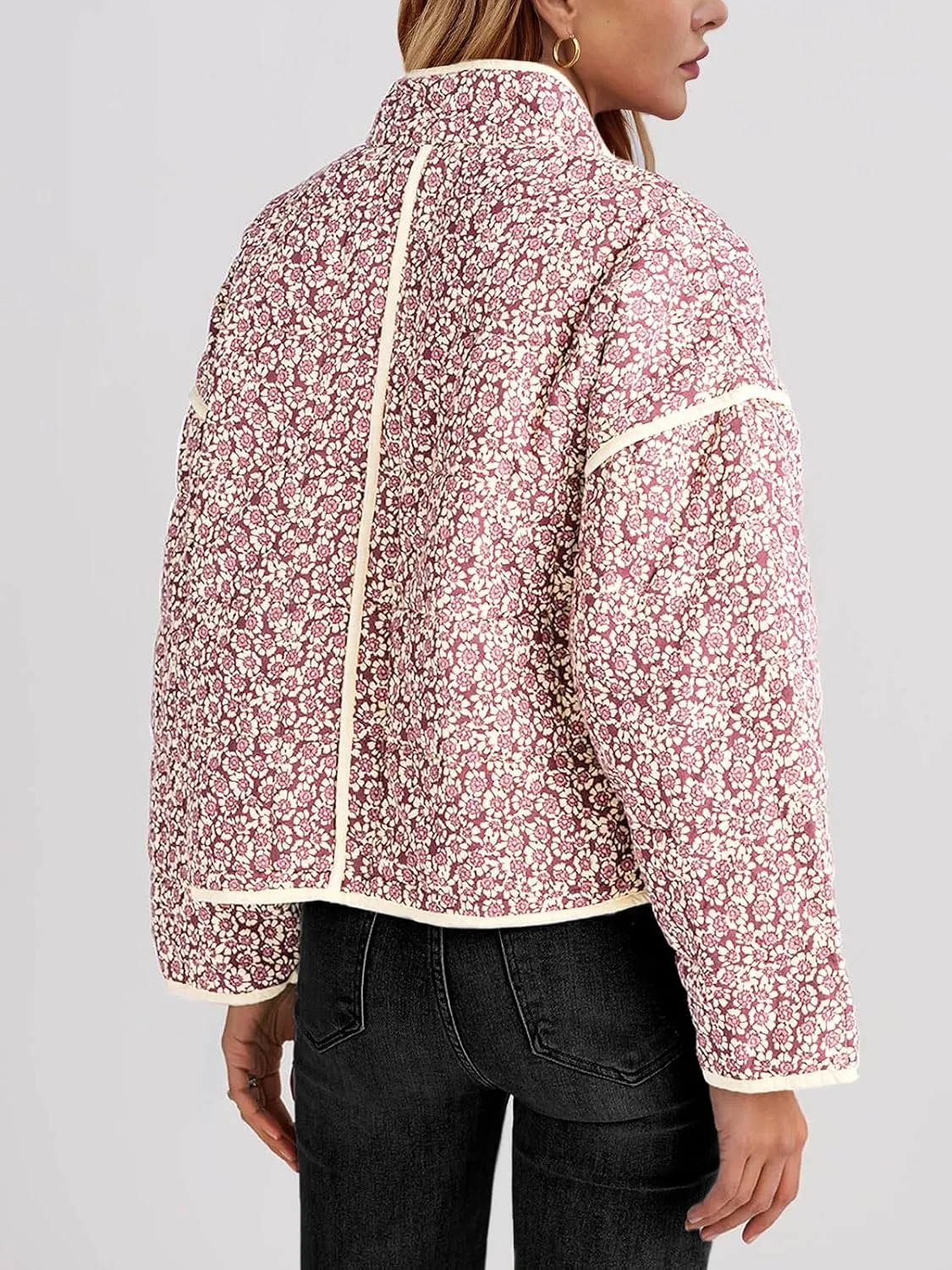 Tankaneo Womens Quilted Lightweight Jackets Floral Print Winter Coats Open Front Cardigan with Pockets