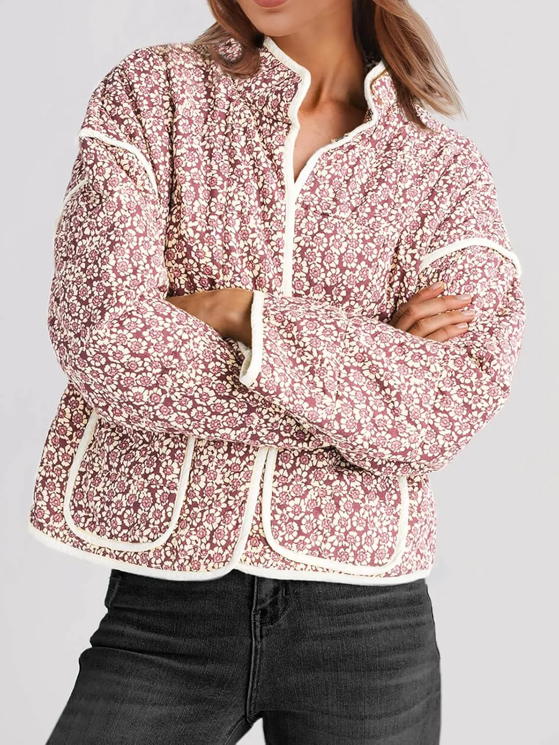 Tankaneo Womens Quilted Lightweight Jackets Floral Print Winter Coats Open Front Cardigan with Pockets