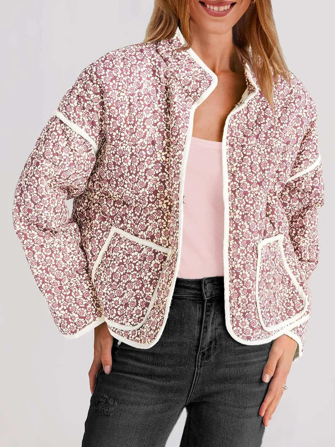 Tankaneo Womens Quilted Lightweight Jackets Floral Print Winter Coats Open Front Cardigan with Pockets