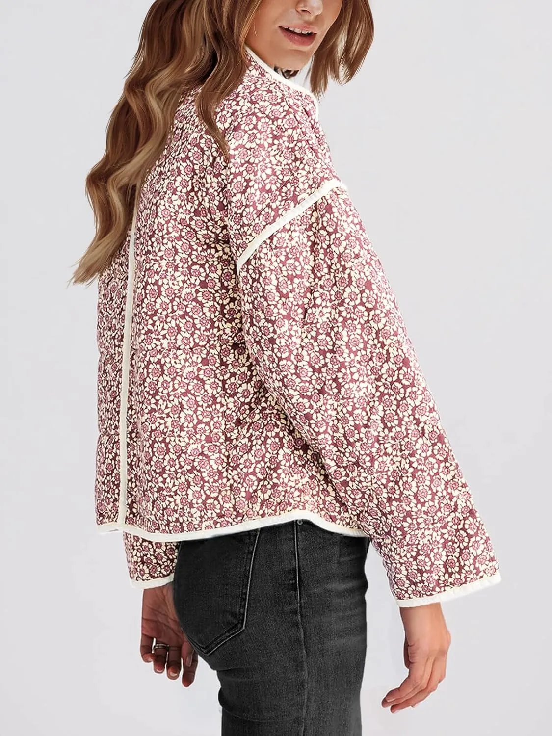 Tankaneo Womens Quilted Lightweight Jackets Floral Print Winter Coats Open Front Cardigan with Pockets