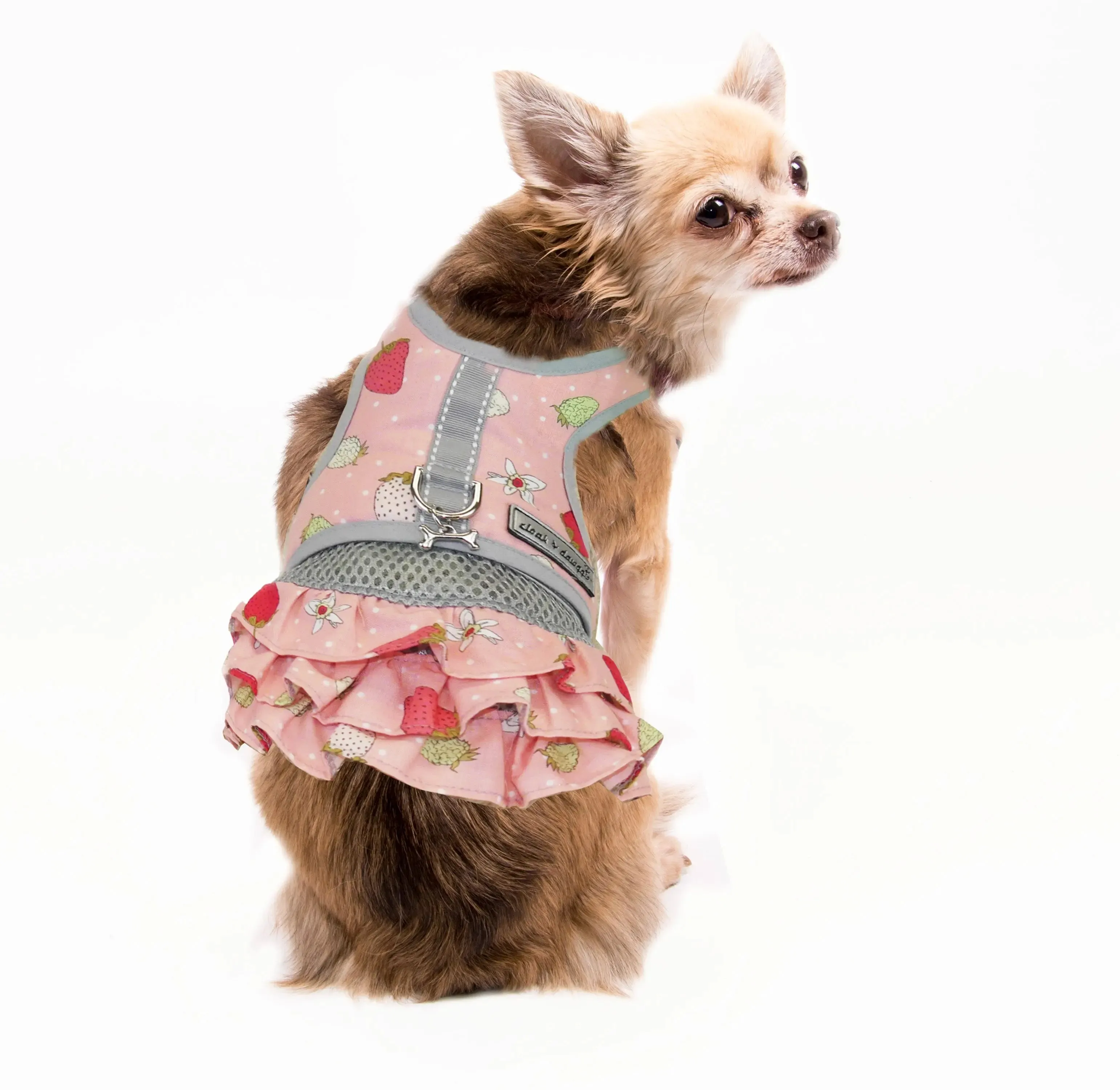 Teacup Vest Harness Dress for Dogs Pink Strawberry Print 2 LBS to 8 LBS