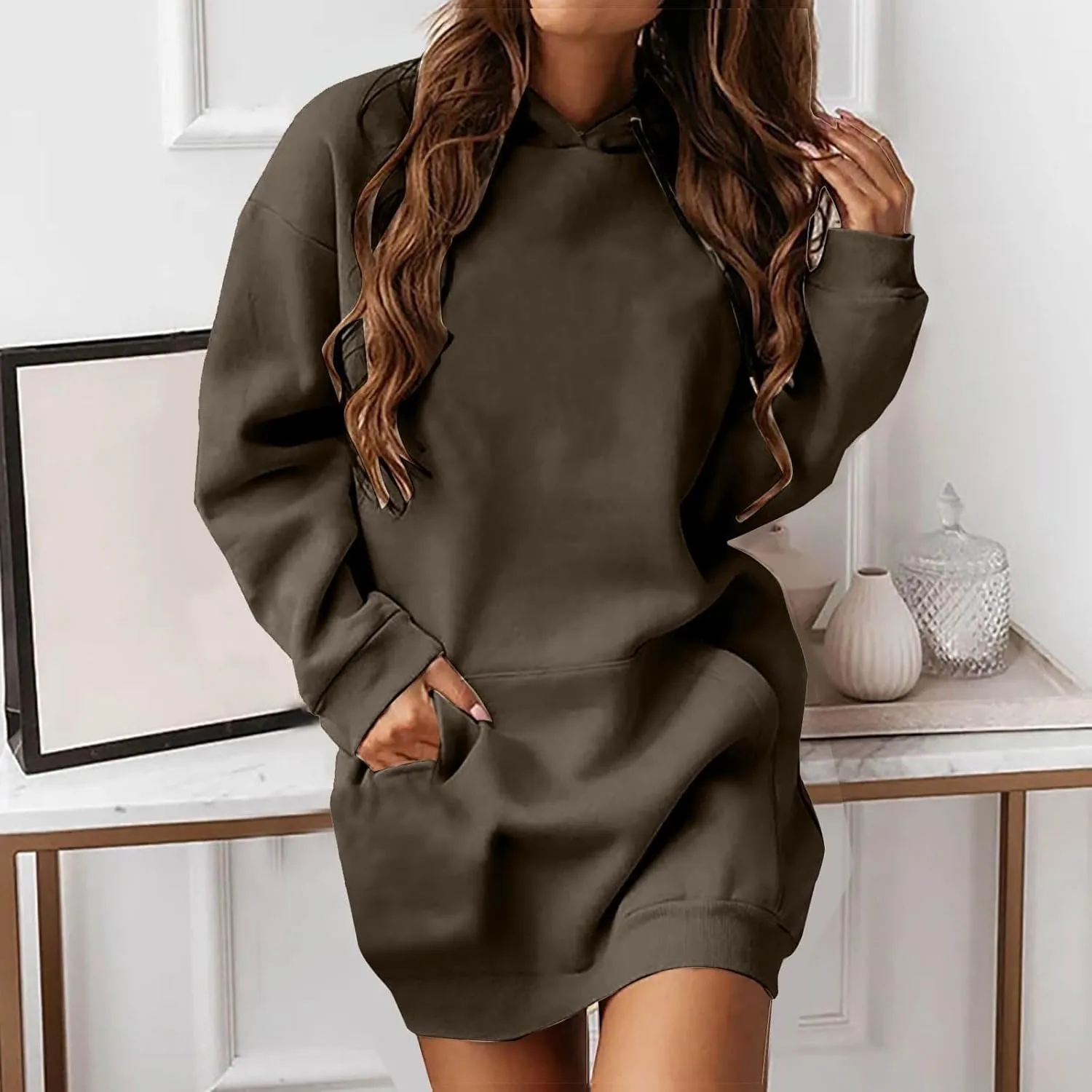 The Warmy Oversized Hoodie Dress for Womens Long Sleeve Pullover Tops with Pocket Fashion Fall Winter Hood