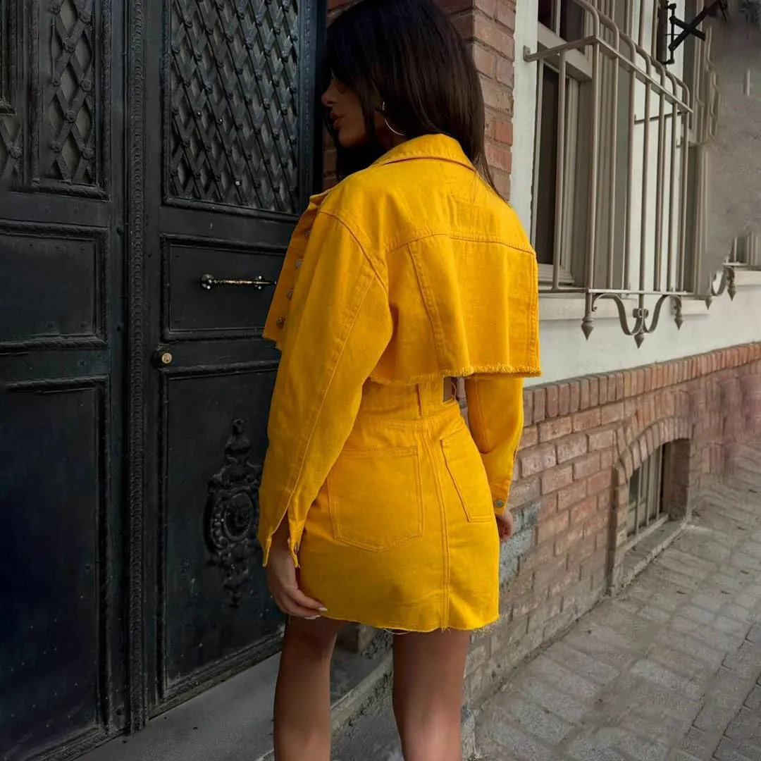THLAI 2 Piece Denim Skirt Jacket Set Women Jacket Top High Waist Skirt with Pockets Summer Tracksuit Sets