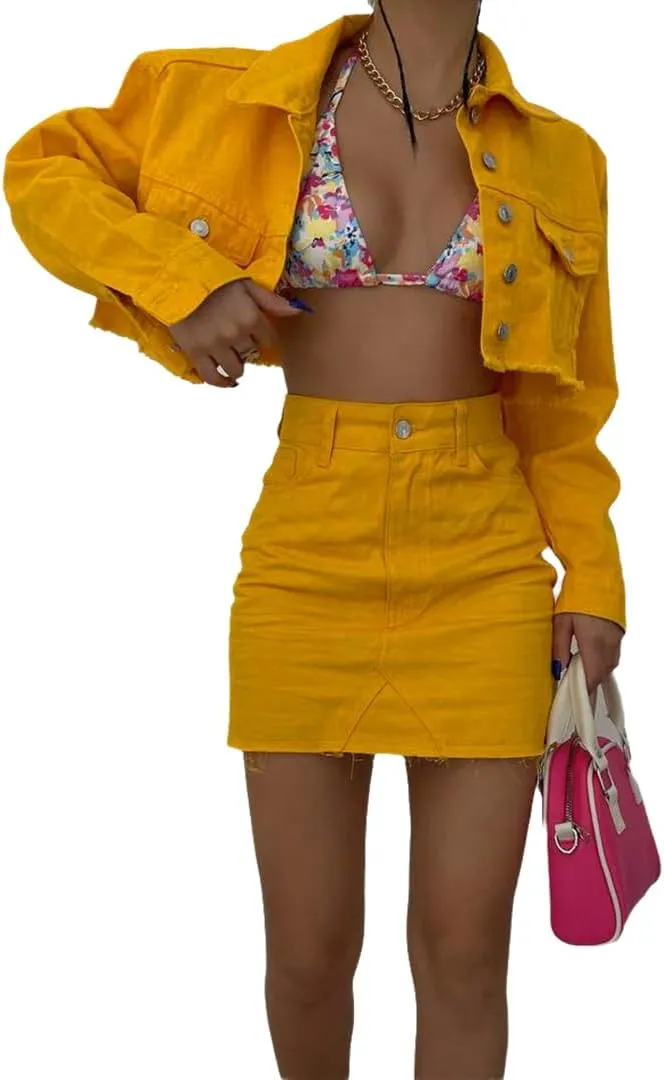 THLAI 2 Piece Denim Skirt Jacket Set Women Jacket Top High Waist Skirt with Pockets Summer Tracksuit Sets