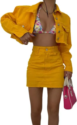 THLAI 2 Piece Denim Skirt Jacket Set Women Jacket Top High Waist Skirt with Pockets Summer Tracksuit Sets