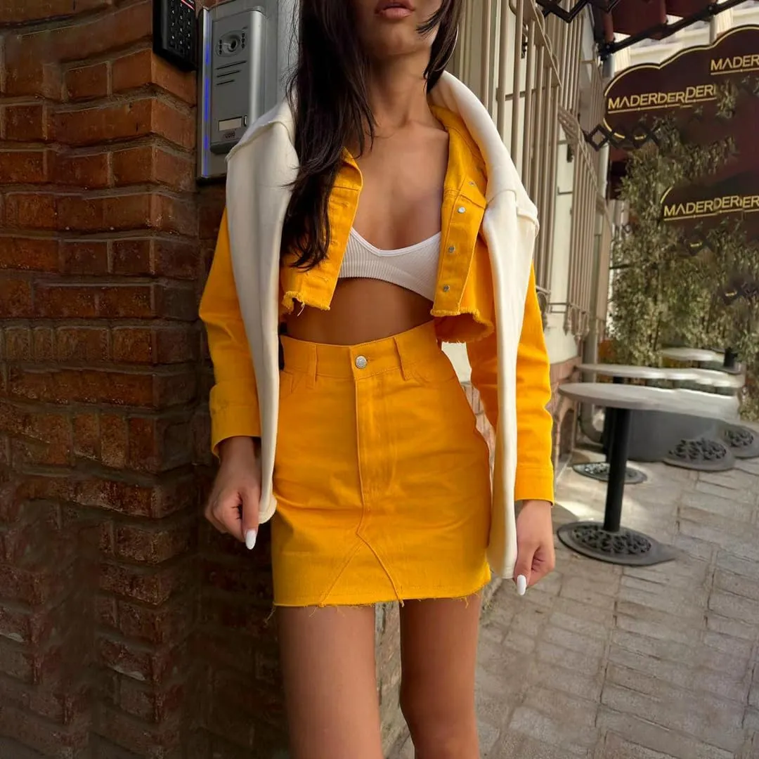 THLAI 2 Piece Denim Skirt Jacket Set Women Jacket Top High Waist Skirt with Pockets Summer Tracksuit Sets