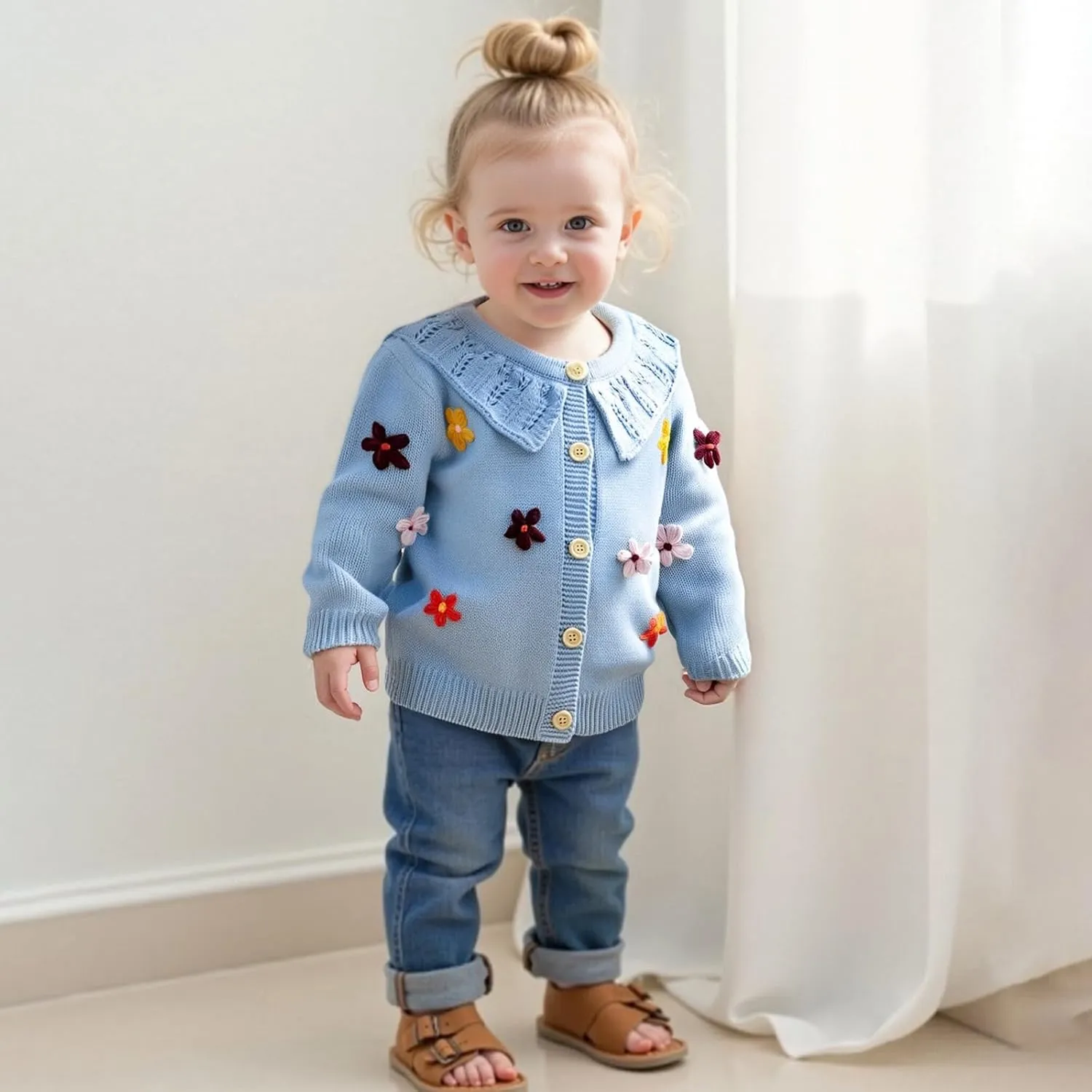 Toddler Baby Girl Fall Winter Clothes Cardigan Sweater Infant Knit Floral Knitwear Button Knitted Outwear Outfit