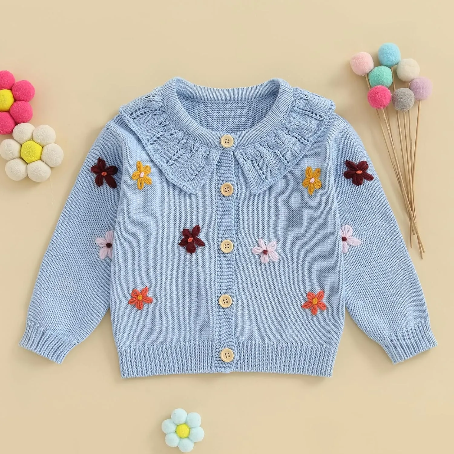 Toddler Baby Girl Fall Winter Clothes Cardigan Sweater Infant Knit Floral Knitwear Button Knitted Outwear Outfit