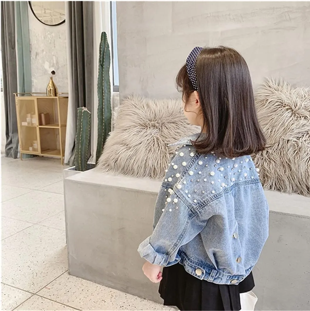 Toddler Kids Girls Denim Jacket Button Down Jeans Jacket Top with Pearls