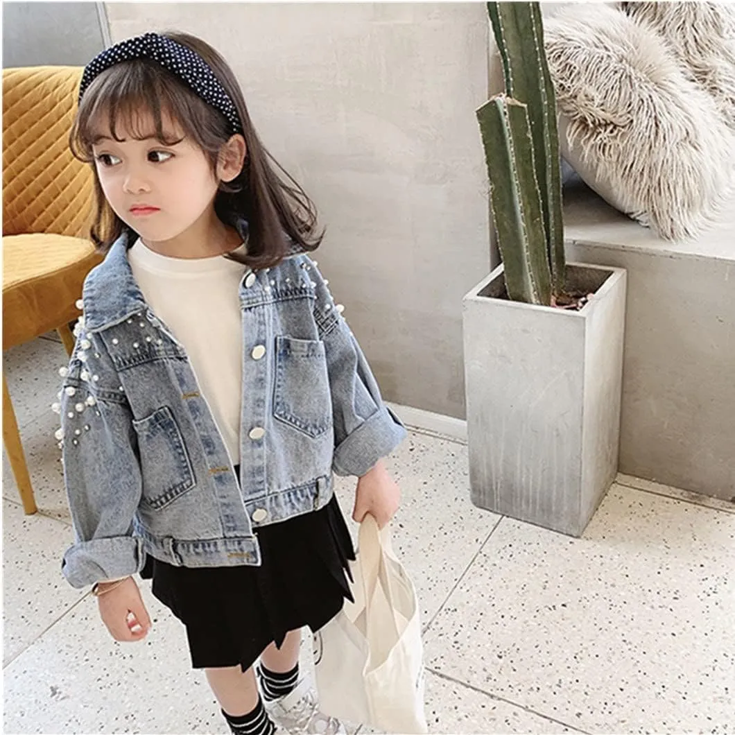Toddler Kids Girls Denim Jacket Button Down Jeans Jacket Top with Pearls