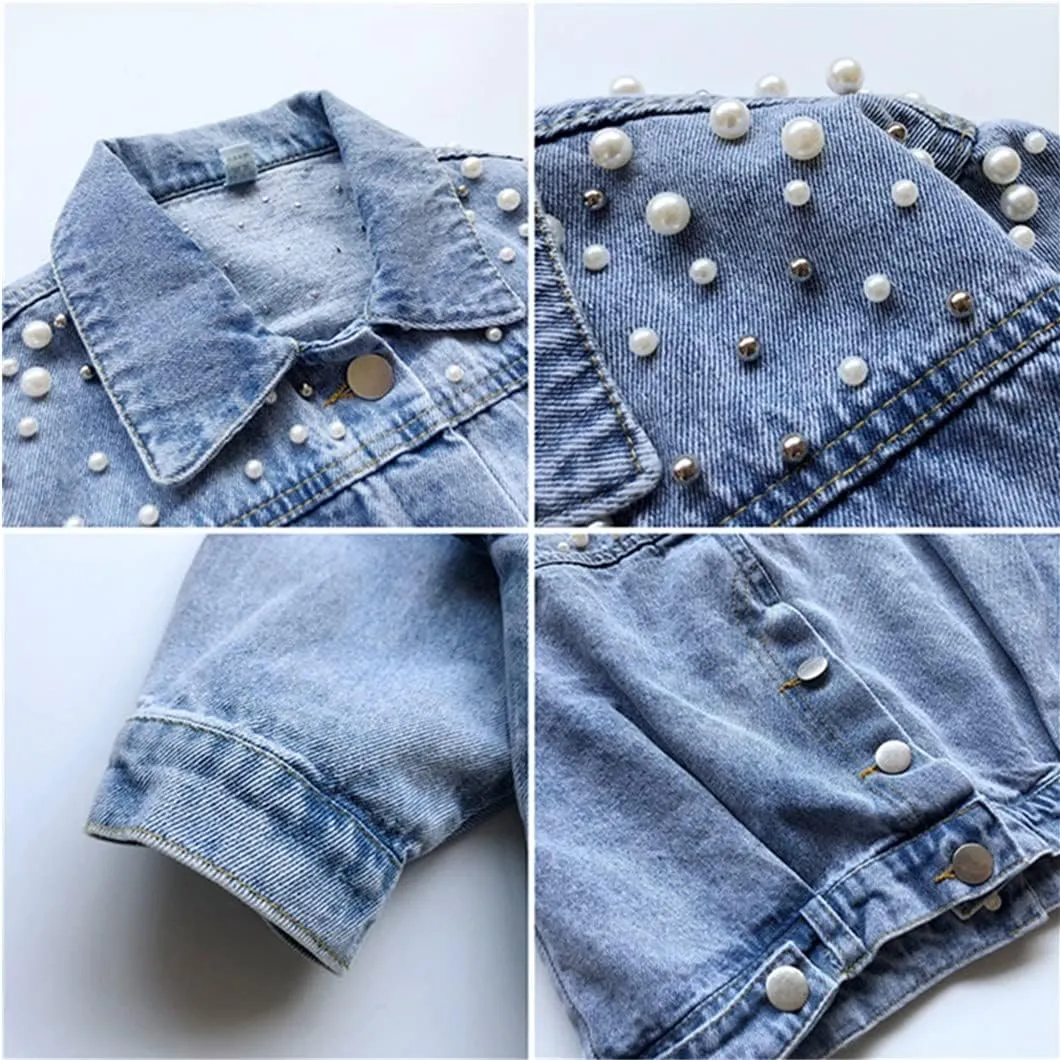 Toddler Kids Girls Denim Jacket Button Down Jeans Jacket Top with Pearls