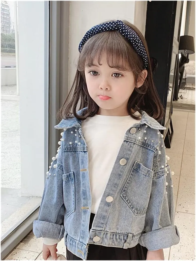Toddler Kids Girls Denim Jacket Button Down Jeans Jacket Top with Pearls
