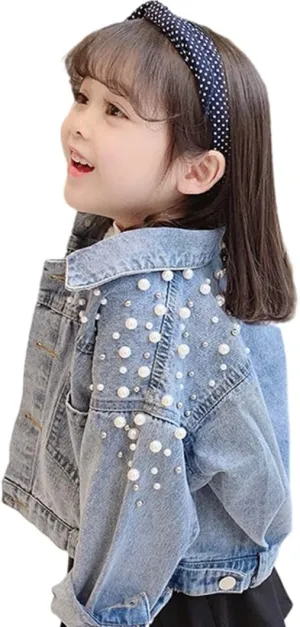 Toddler Kids Girls Denim Jacket Button Down Jeans Jacket Top with Pearls