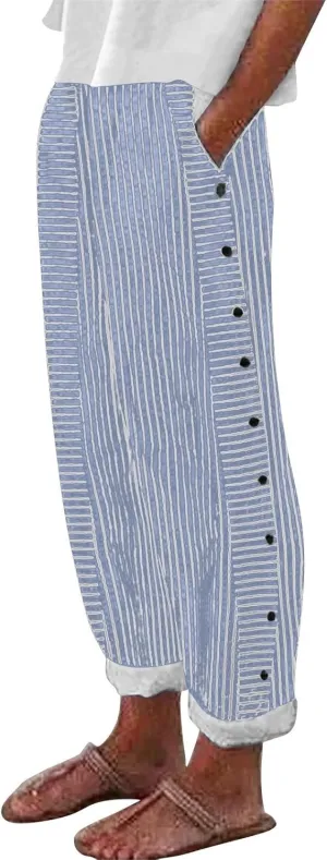 Trousers Pants for Women Vacation s Waist Side Back Four Pockets Buttoned 9/10 Pants Linen Blend Pants