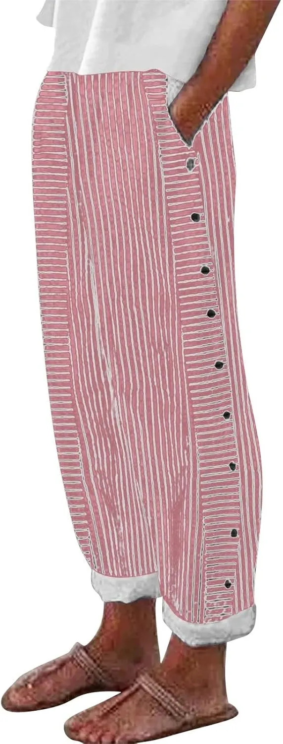 Trousers Pants for Women Vacation s Waist Side Back Four Pockets Buttoned 9/10 Pants Linen Blend Pants