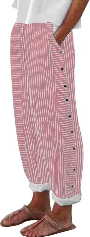 Trousers Pants for Women Vacation s Waist Side Back Four Pockets Buttoned 9/10 Pants Linen Blend Pants