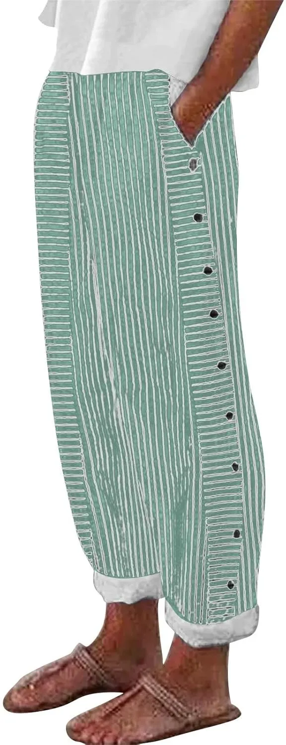 Trousers Pants for Women Vacation s Waist Side Back Four Pockets Buttoned 9/10 Pants Linen Blend Pants