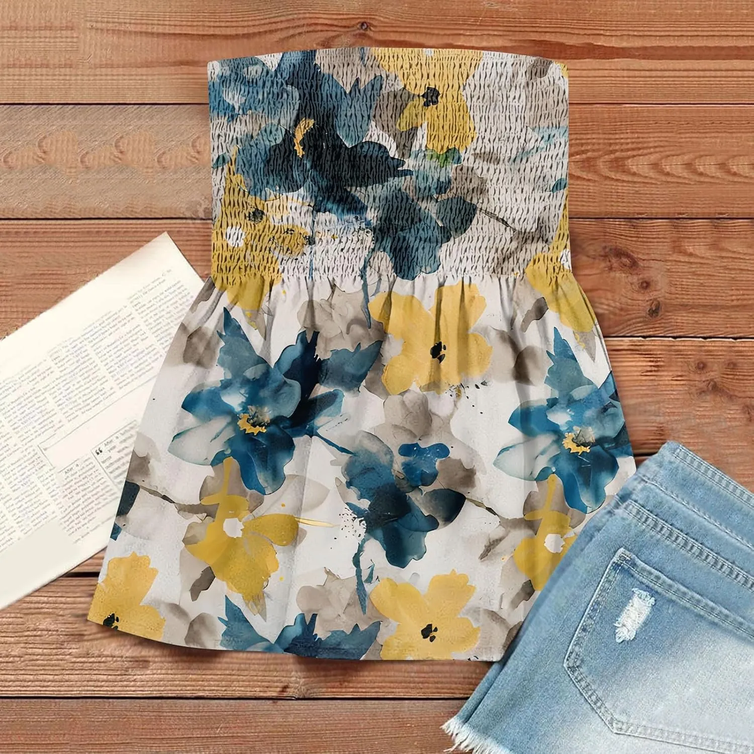 Tube Tops for Women Smocked Ruffled Floral Print Tanks Sleeveless Strapless Tube Tops Business Casual Bandeau