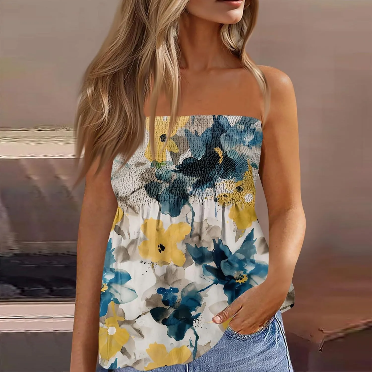 Tube Tops for Women Smocked Ruffled Floral Print Tanks Sleeveless Strapless Tube Tops Business Casual Bandeau