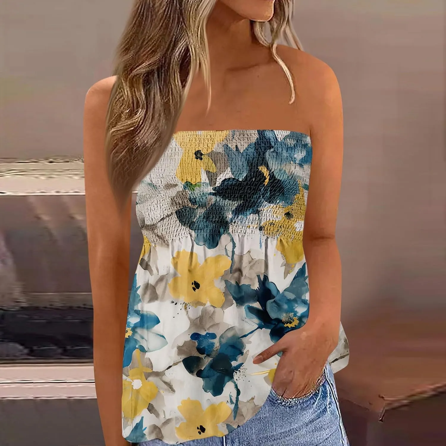 Tube Tops for Women Smocked Ruffled Floral Print Tanks Sleeveless Strapless Tube Tops Business Casual Bandeau