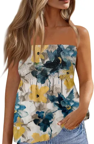 Tube Tops for Women Smocked Ruffled Floral Print Tanks Sleeveless Strapless Tube Tops Business Casual Bandeau