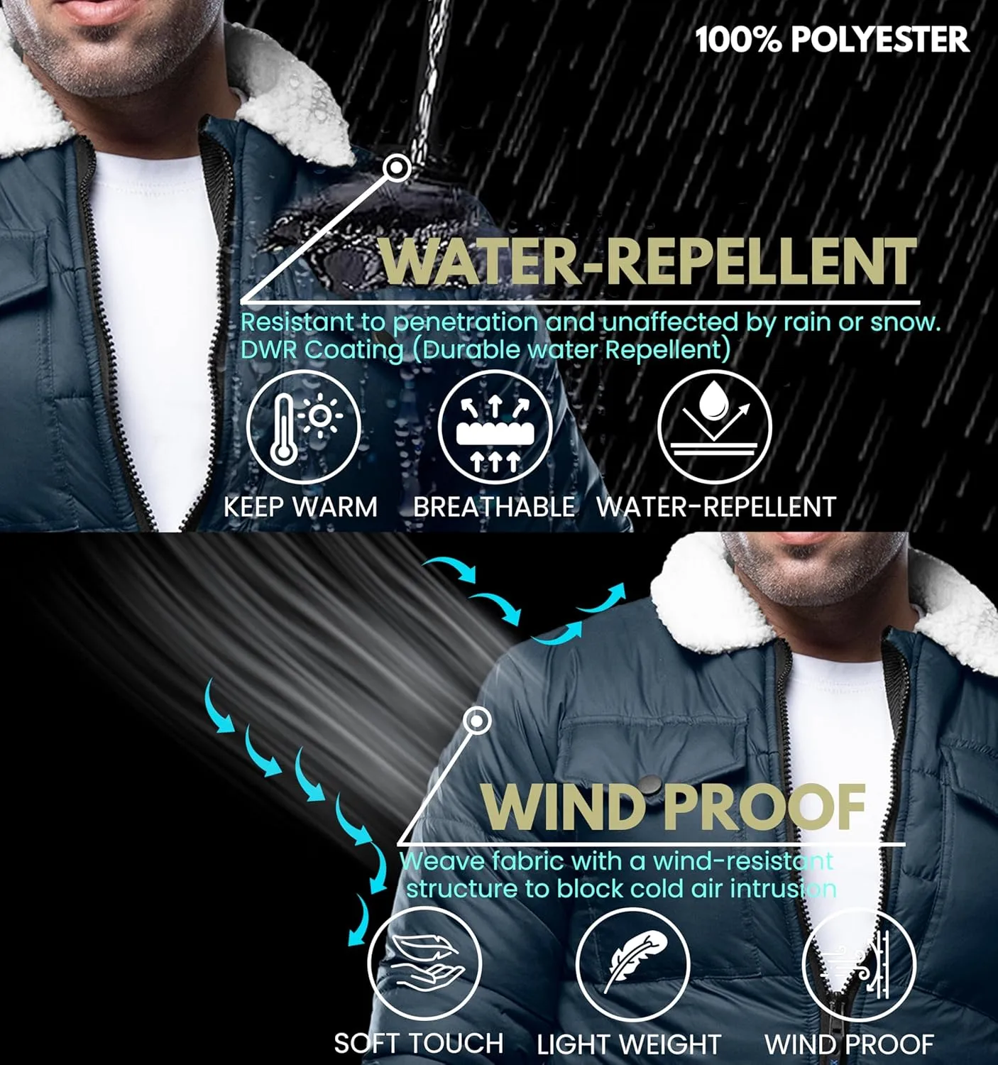 URBAN BUCK Mens Puffer Jackets Midweight Long Sleeves Windproof & Water Repellent Winter Down Recycled Bryce Men Hiking Coats
