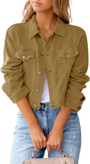utcoco Women's Cropped Jean Jacket Long Sleeve Casual Button Down Denim Jacket