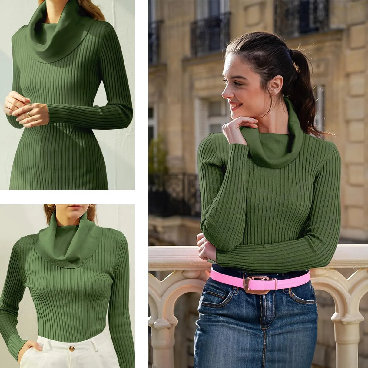 v28 Womens Stretchable Cowl Neck Knit Long Sleeve Slim Fit Bodycon Sexy Sweater