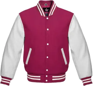 Varsity Jacket Baseball Letterman Bomber School Of Pink Wool And Genuine white leather sleeves