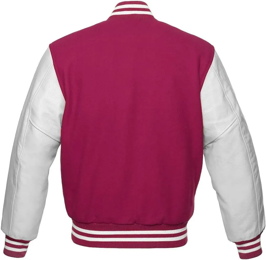 Varsity Jacket Baseball Letterman Bomber School Of Pink Wool And Genuine white leather sleeves