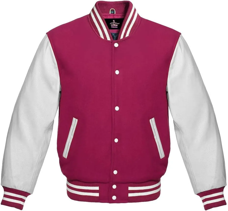 Varsity Jacket Baseball Letterman Bomber School Of Pink Wool And Genuine white leather sleeves