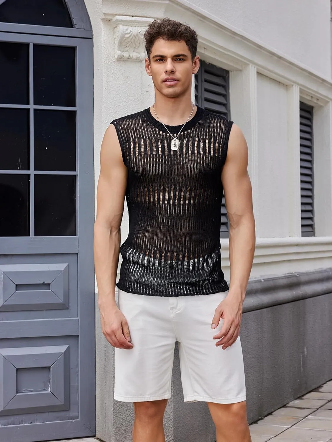 Verdusa Men's Knitted Tank Top Sleeveless Round Neck Pullover Shirt Undershirt