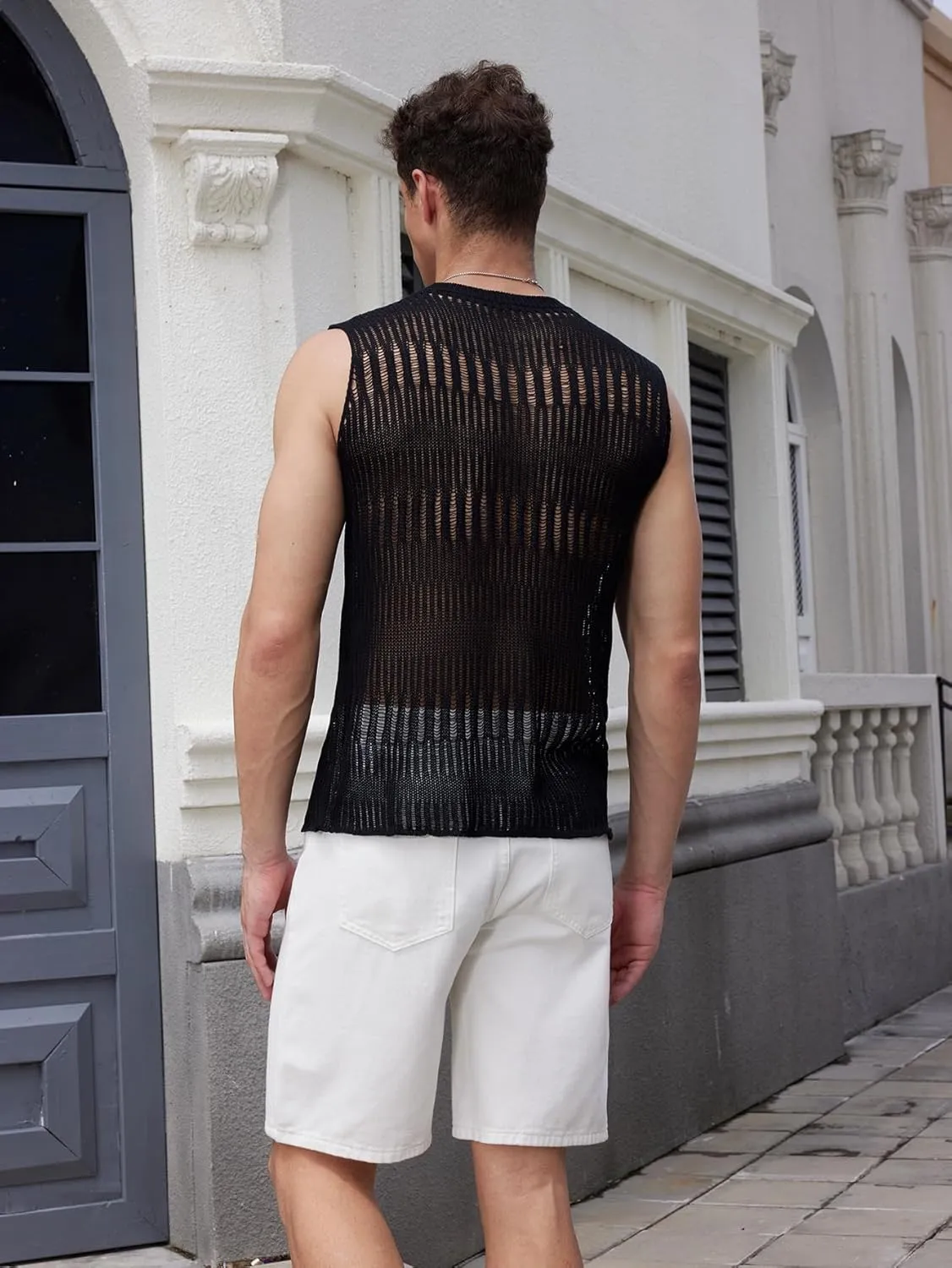 Verdusa Men's Knitted Tank Top Sleeveless Round Neck Pullover Shirt Undershirt