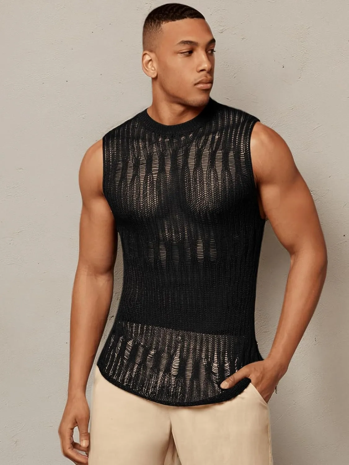Verdusa Men's Knitted Tank Top Sleeveless Round Neck Pullover Shirt Undershirt