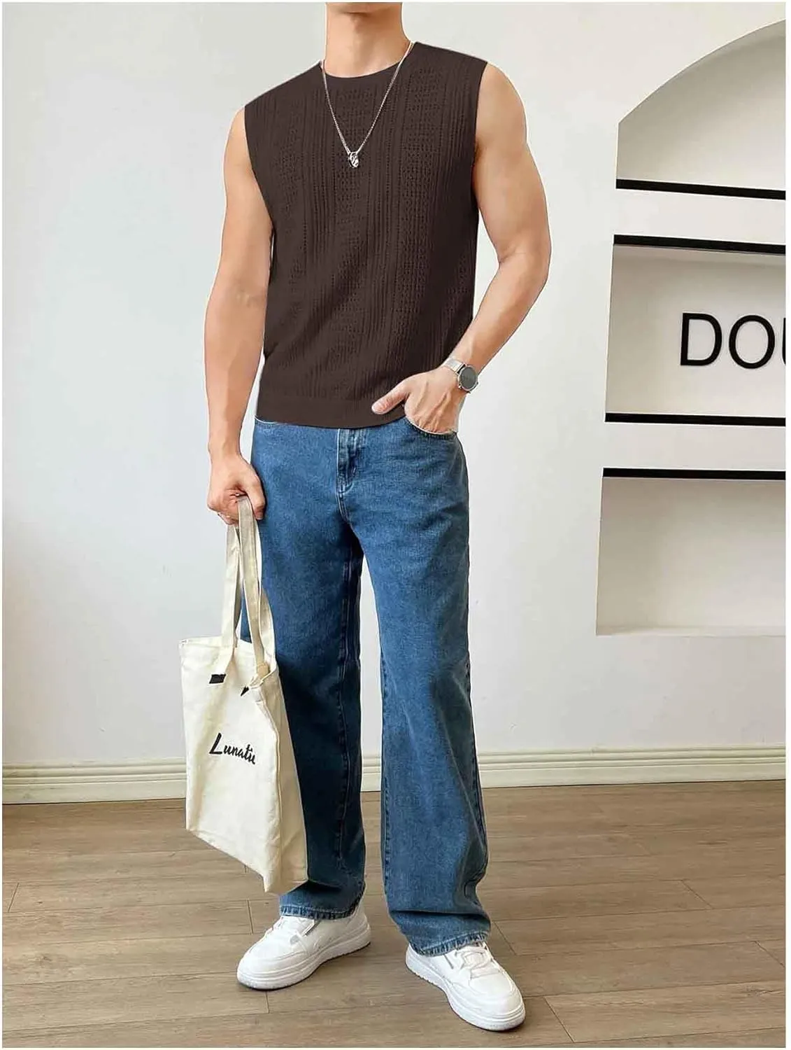 Verdusa Men's Sleeveless Round Neck Knit Tank Top Casual Sweater Vest