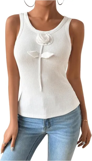Verdusa Women's 3D Floral Applique Sleeveless Round Neck Ribbed Tank Top