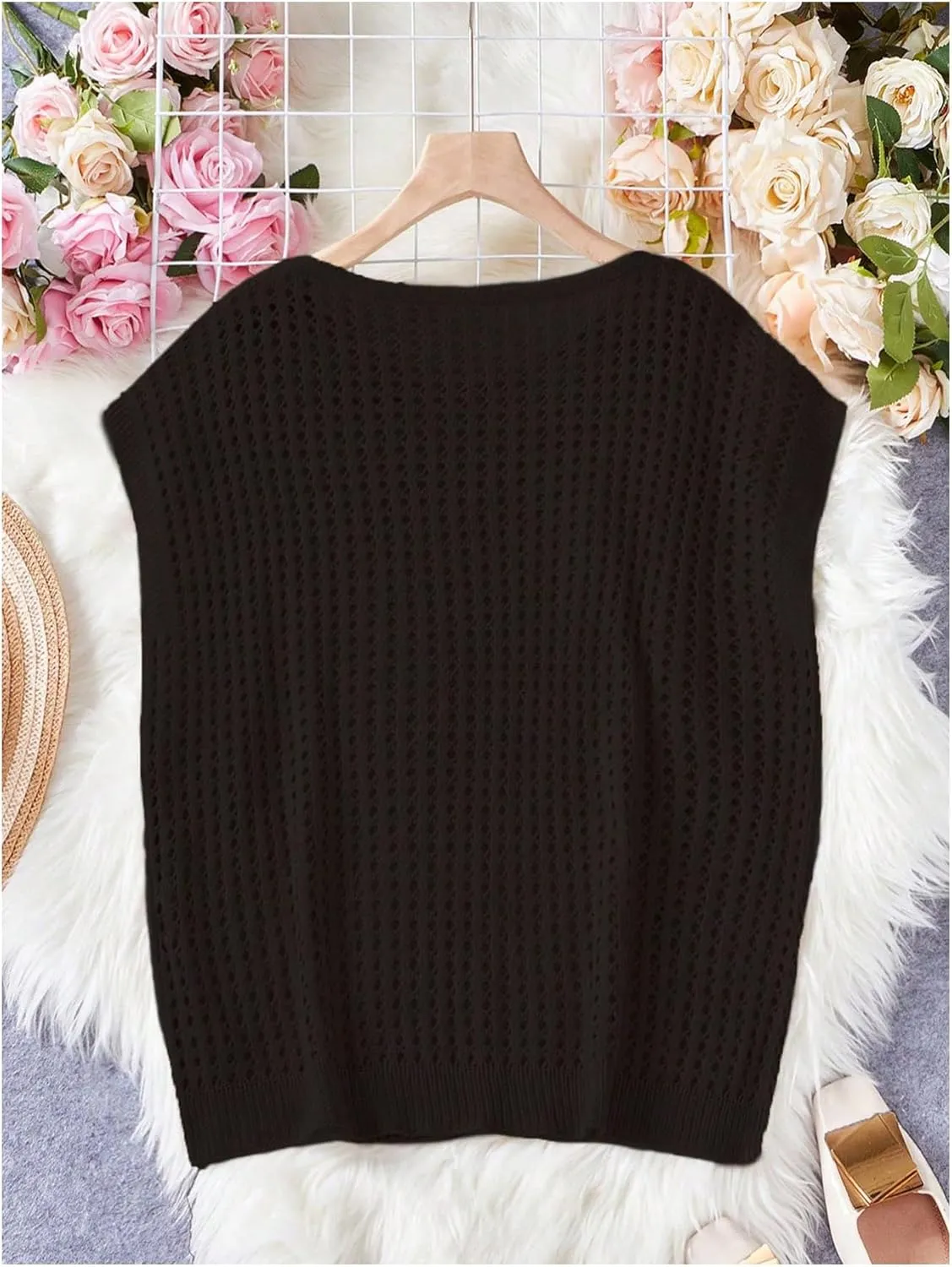 Verdusa Women's Hollow Out Sheer Knit Top Dolman Sleeve Pullover Cover Up