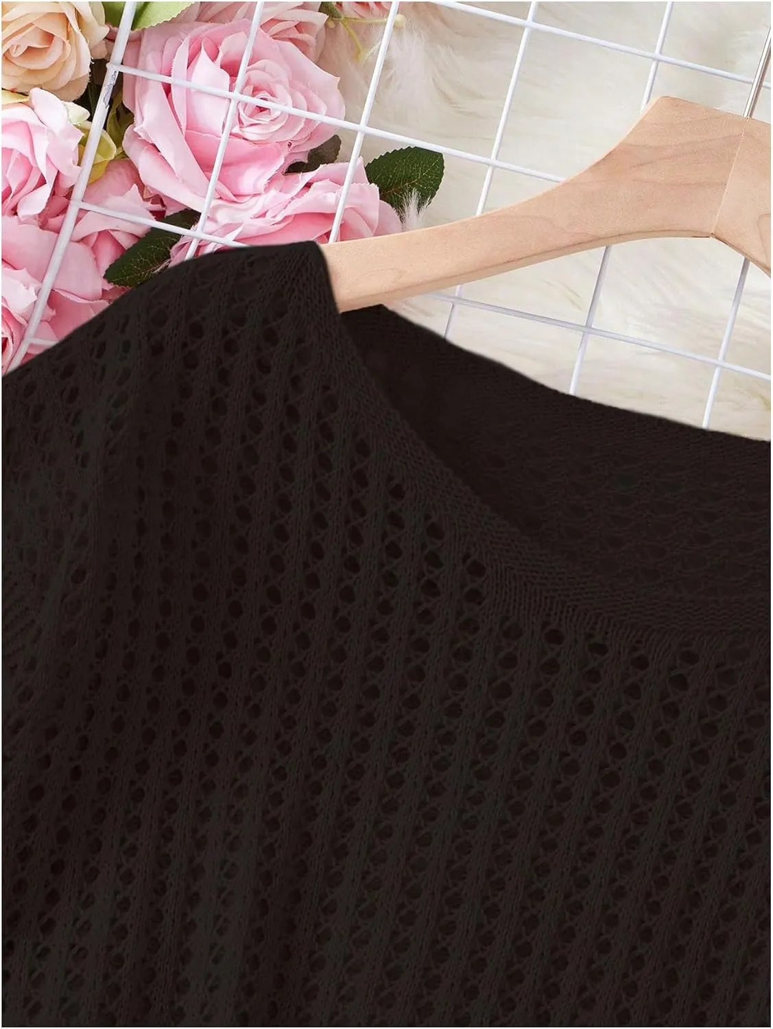 Verdusa Women's Hollow Out Sheer Knit Top Dolman Sleeve Pullover Cover Up