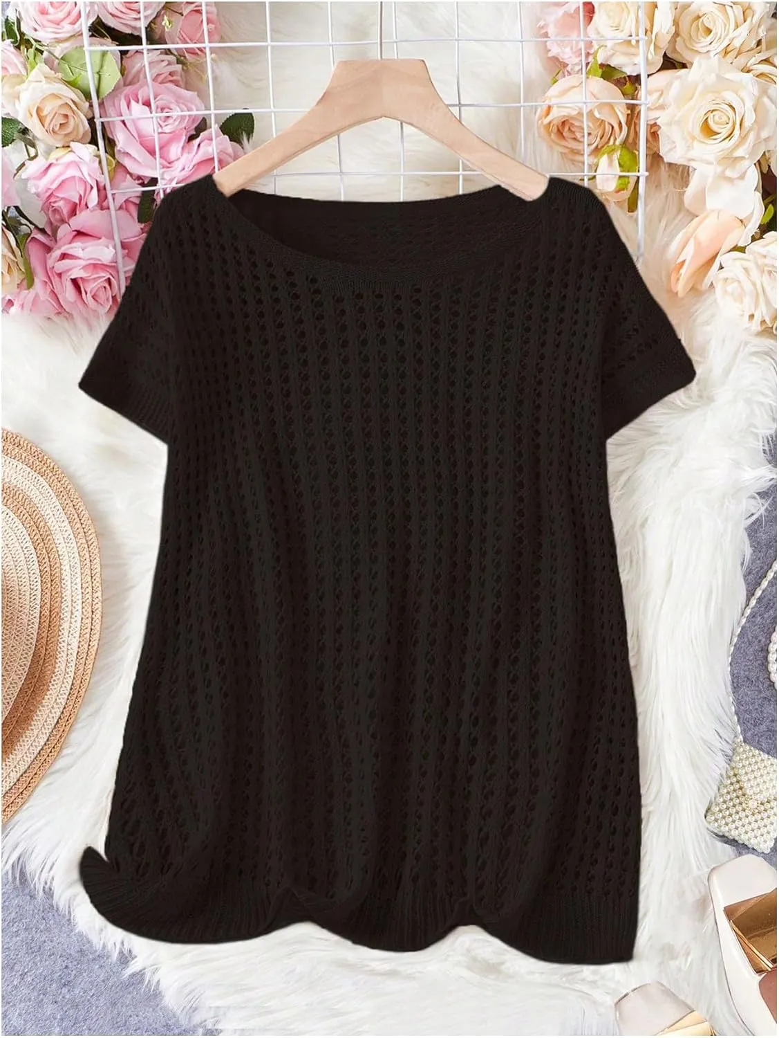 Verdusa Women's Hollow Out Sheer Knit Top Dolman Sleeve Pullover Cover Up