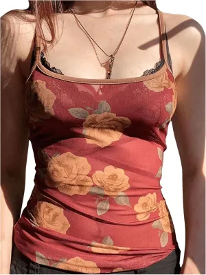 Verdusa Women's Y2K Floral Print Cami Top Scoop Neck Backless Fitted Camisole