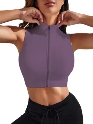 Verdusa Women's Zipper Front Mock Neck Sleeveless Slim Fitted Crop Tank Top