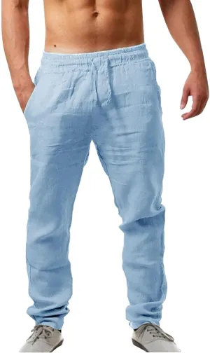Vickyleb Linen Pants Men Slim Fit Cotton Pants Casual Drawstring Elastic Waist Summer Beach Pleated Chinos Pants for Men