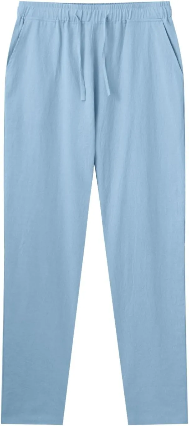 Vickyleb Linen Pants Men Slim Fit Cotton Pants Casual Drawstring Elastic Waist Summer Beach Pleated Chinos Pants for Men