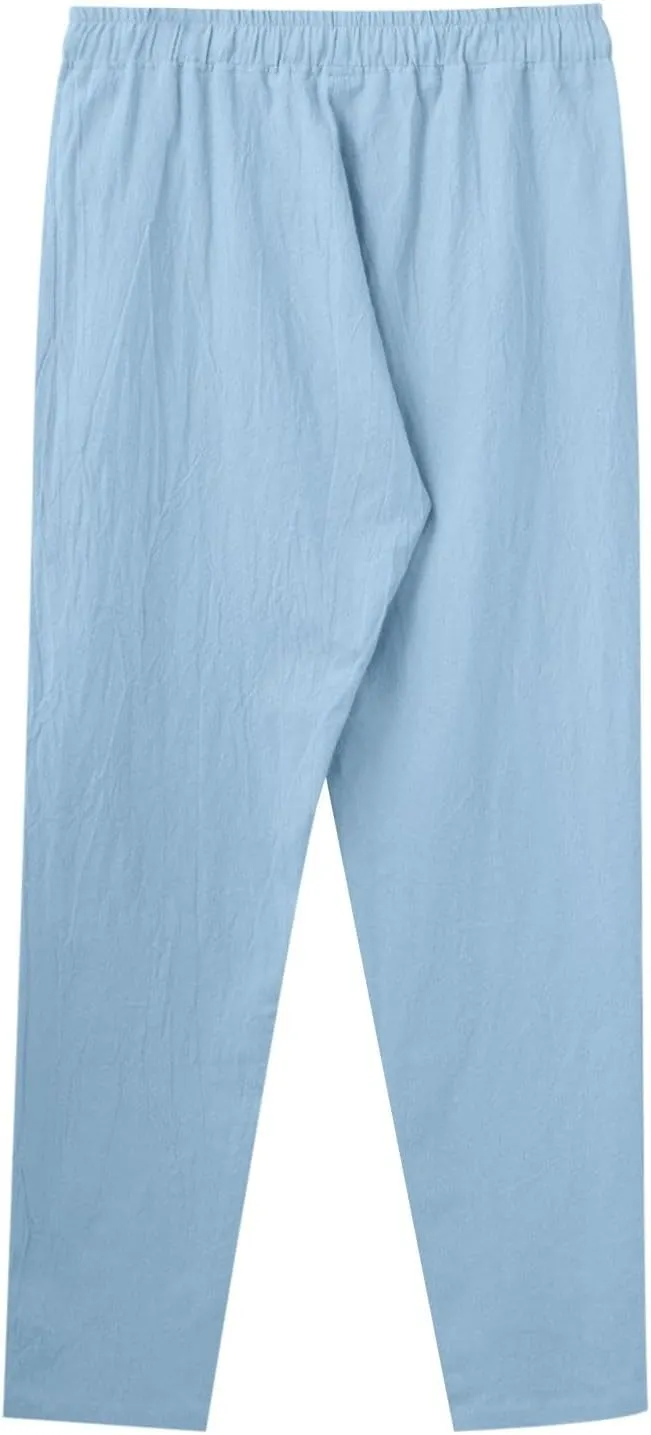 Vickyleb Linen Pants Men Slim Fit Cotton Pants Casual Drawstring Elastic Waist Summer Beach Pleated Chinos Pants for Men