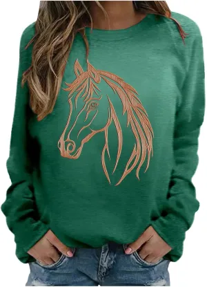Vintage Horse Print Sweatshirts for Women Riding Horse Lover Long Sleeve Crew Neck Pullover Tops Casual Loose Shirts