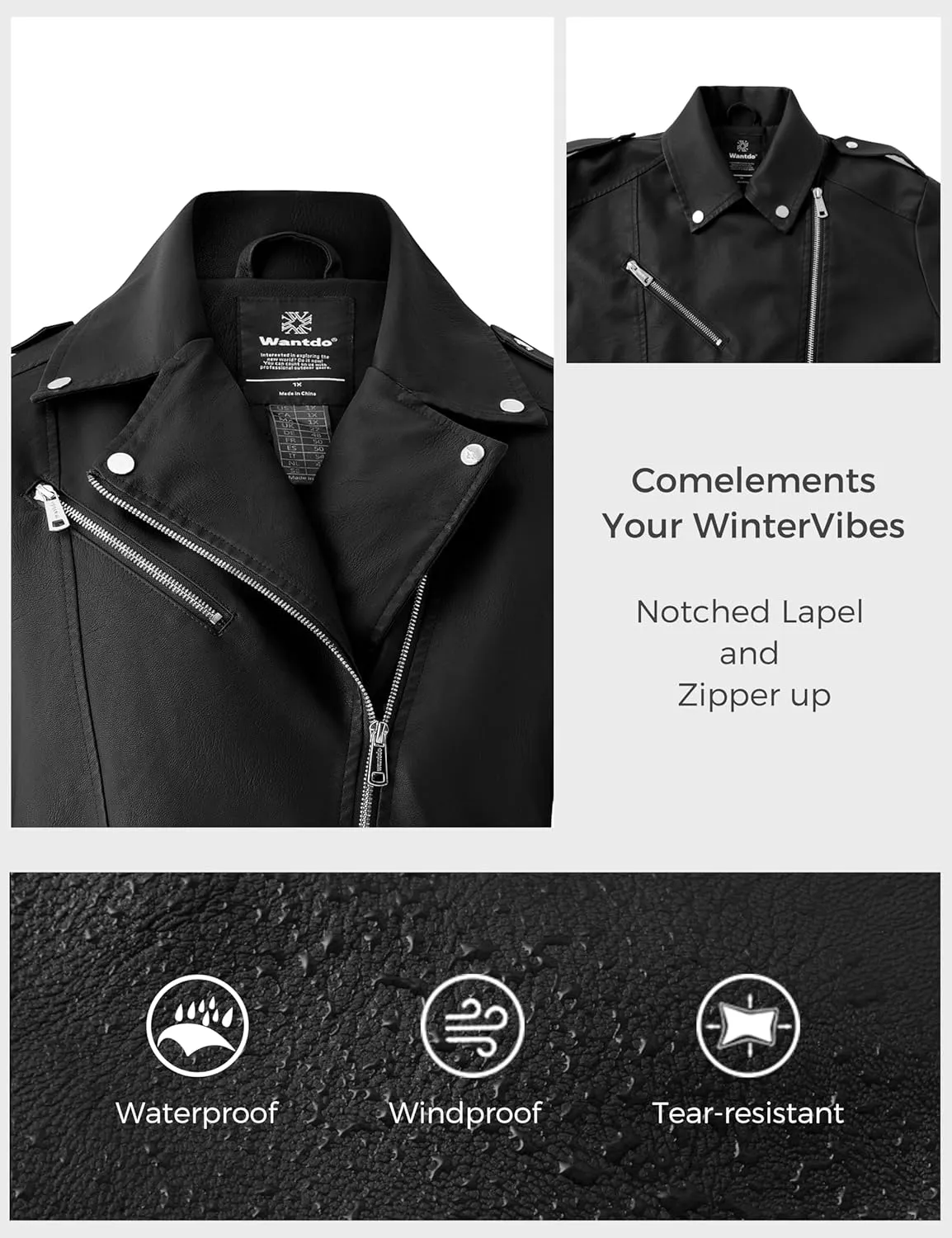wantdo Women's Plus Size Faux Leather Jacket Lapel Collar Moto Biker Short Coat Jacket