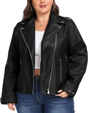 wantdo Women's Plus Size Faux Leather Jacket Lapel Collar Moto Biker Short Coat Jacket