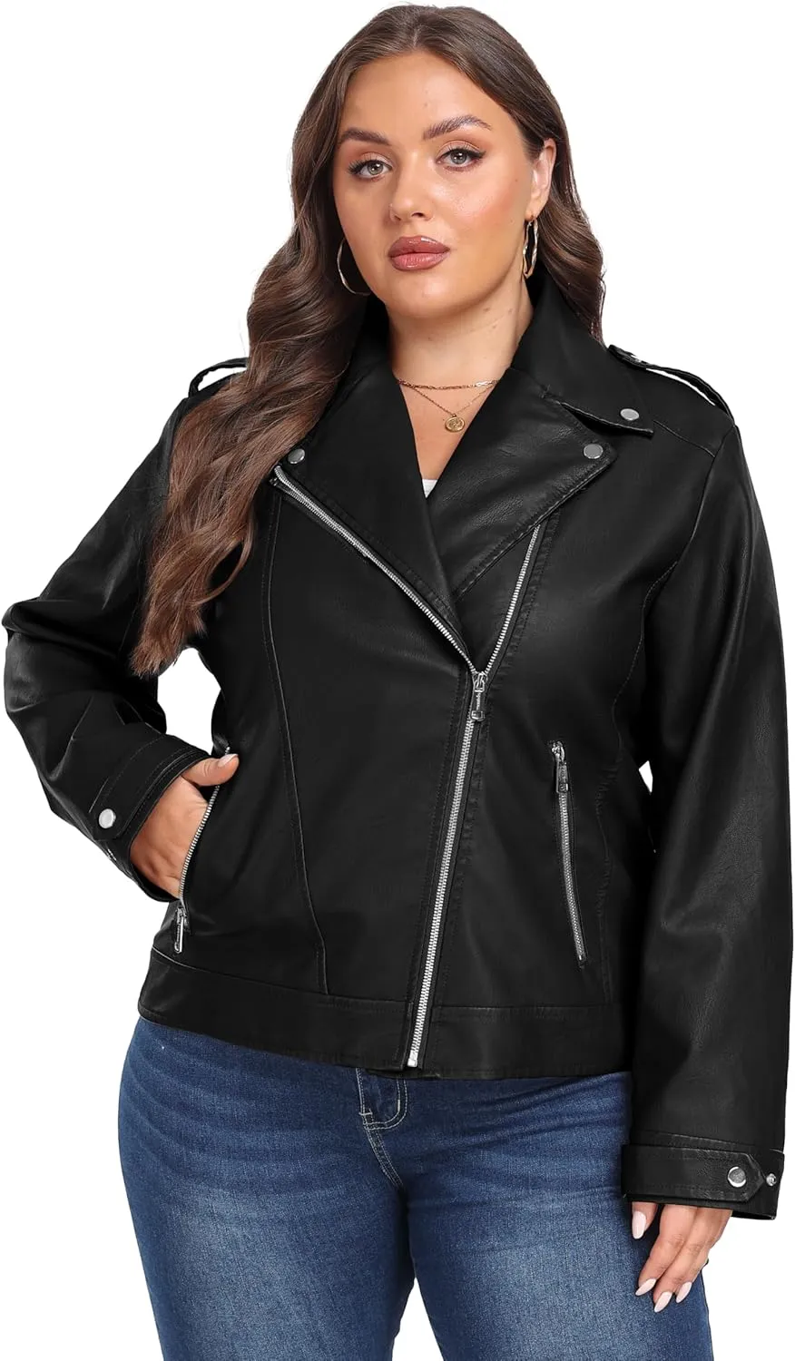 wantdo Women's Plus Size Faux Leather Jacket Lapel Collar Moto Biker Short Coat Jacket